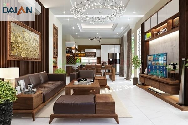 Sofa gỗ chữ U giúp tăng thêm tính thẩm mỹ cho căn phòng khách
