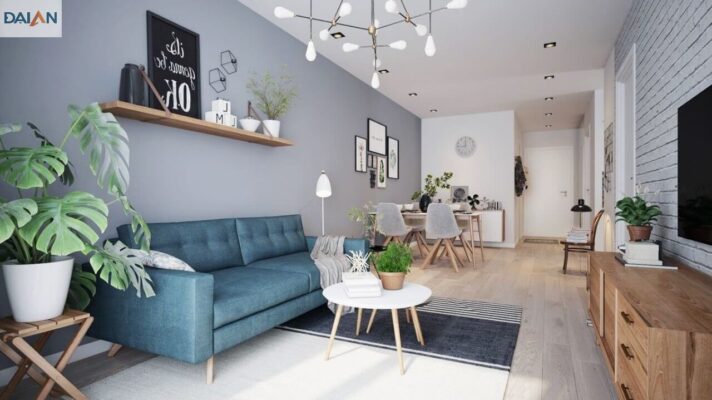 Phòng khách chung cư với tone màu tươi sáng tạo điểm nhấn với bộ sofa Bắc Âu đơn giản, sang trọng mà vẫn nổi bật
